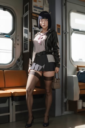 1 girl, ass, alone, thighs, phone, high heels, gray skirt, looking at viewer, bag, sitting, black hair, cell phone, jacket, train interior, lifting skirt, holding phone, hair long, lifting clothes, smartphone, holding, bangs, no panties, lips parted, school uniform, cameltoe, tsurime, anime, more details, condom belt, gwenstacy,Masterpiece,black pantyhose,hinata(boruto), With cinematic lighting, with full shot, 55 mm lens, production quality, depth of field, cinematographic photography, professional color grading, exquisite details, sharpness. -focus, intricately detailed, f/2.8, realistic photography, real lighting, studio lighting, decorative lighting, GB shift, ray tracing, antialiasing, FKAA, TXAA, RTX, SSAO, Shaders, tone mapping, CGI, VFX , SFX,stockings