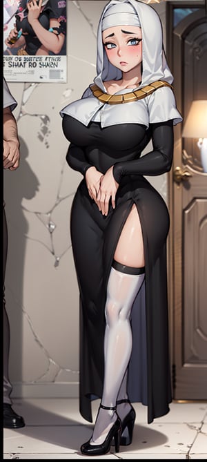 Beautiful girl, hair between her eyes, natural blush, lined eyes, perfect body, big breasts.

nun costume, black pantyhose, big breasts, black lips, walking, in a room, looking at viewer, (poster of women in background: 1.2), bright sunlight, hands on waist: 1.5, embarrassed expression, embarrassed , ankle strap high heels,,High detailed , With cinematic lighting, with full shot, 55 mm lens, production quality, depth of field, cinematographic photography, professional color grading, exquisite details, sharpness. -focus, intricately detailed, f/2.8, realistic photography, real lighting, studio lighting, decorative lighting, GB shift, ray tracing, antialiasing, FKAA, TXAA, RTX, SSAO, Shaders, tone mapping, CGI, VFX , SFX,ChopioHyugaHinata,hinata_boruto,Kiara,Shadman