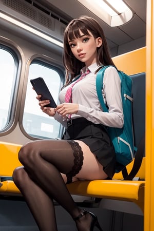 1 girl, ass, solo, thighs, phone, high heels, tight secretary skirt, looking at viewer, bag, sitting, skirt, backpack, black hair, cell phone, jacket, train interior, up skirt, holding phone, long hair, lifting,  shadows in the eyes, clothes, smartphone, holding, bangs, lips parted, office uniform, cameltoe, anime, more details, condom belt,Secretary_uniform,high heels, stockings