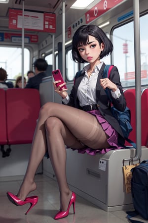 1 girl, ass, alone, thighs, phone, high heels, gray skirt, looking at viewer, bag, sitting, skirt, backpack, black hair, cell phone, jacket, train interior, lifting skirt, holding phone, hair long, lifting clothes, smartphone, holding, bangs, no panties, lips parted, school uniform, anime, more details, condom belt, gwenstacy,Masterpiece,black pantyhose,high heels,sitting crossed legs, high heels dangle,jane,Anime