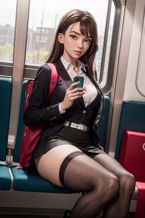 1 girl, ass, solo, thighs, phone, high heels, tight secretary skirt, looking at viewer, bag, sitting, skirt, backpack, black hair, cell phone, jacket, train interior, up skirt, holding phone, long hair, lifting,  shadows in the eyes, clothes, smartphone, holding, bangs, lips parted, office uniform, cameltoe, anime, more details, condom belt,Secretary_uniform,high heels, stockings white 