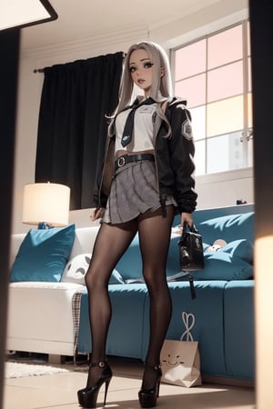 1 girl, ass, alone, thighs, phone, high heels, gray skirt, looking at viewer, bag, sitting, black hair, cell phone, jacket, train interior, lifting skirt, holding phone, hair long, lifting clothes, smartphone, holding, bangs, no panties, lips parted, school uniform, cameltoe, tsurime, anime, more details, condom belt, gwenstacy,Masterpiece,black pantyhose,hinata(boruto), With cinematic lighting, with full shot, 55 mm lens, production quality, depth of field, cinematographic photography, professional color grading, exquisite details, sharpness. -focus, intricately detailed, f/2.8, realistic photography, real lighting, studio lighting, decorative lighting, GB shift, ray tracing, antialiasing, FKAA, TXAA, RTX, SSAO, Shaders, tone mapping, CGI, VFX , SFX,stockings,ellaexplicit,high heels