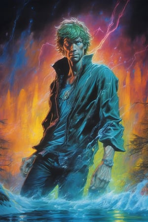 Shaggy Rogers, Scooby-Doo, Where Are You!, extremely vibrant colours, normal skin Highly detailed, highly cinematic, close-up image of a deity of magic, perfect composition, psychedelic colours, magical flowing water, forest nature, silver fullmoon, lots of details, rain downpour hurricane thunder lightnings sparkles metallic ink, beautifully lit, a fine art painting by drew struzan and karol bak, gothic art, dark and mysterious, ilya kuvshinov, russ mills, dragonlike
