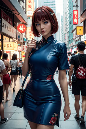 A sexy turist woman in sexy qipao  stands on the street of Hong Kong., Charlie Kyrn, short red hair, bob haircut, blue eyes, Charlie Kyrn