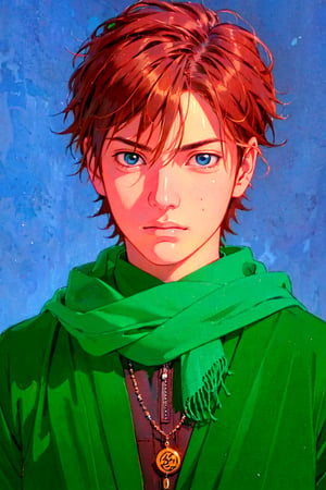 1boy, solo, Konohamaru Sarutobi, oil painting, impasto, looking at viewer, a handsome young man, 16 years old, spiky brown hair, blue eyes, athletic figure, tribal necklace, grey jacket, blue scarf, urban psychedelic outfit, psychedelic  background, masterpiece, nijistyle, niji, ,sciamano240, soft shading, Konohamaru Sarutobi