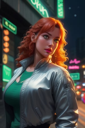 Momomi Momoi, a beautiful woman, 18 years old, long orange curly hair, green eyes, muscular body, big breasts, ripped abs, wearing the silver "Driver" jacket, green sweater, dark blue jeans, action scene, in the background a night city with neon lights, interactive elements, very detailed, ((Detailed face)), ((Detailed Half body)), silver jacket, Color Booster, momomi
