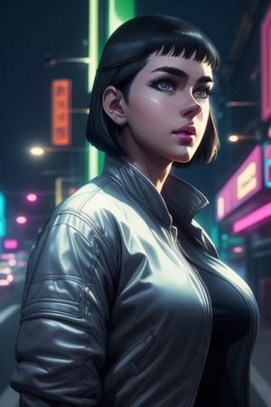 Valmet, a beautiful woman, 26 years old, short black hair, Bob haircut, grey eyes, muscular body, big breasts, ripped abs, wearing the silver "Driver" jacket, black sweater, dark blue jeans, action scene, in the background a night city with neon lights, interactive elements, very detailed, ((Detailed face)), ((Detailed Half body)), silver jacket, Color Booster, valmet,valmet