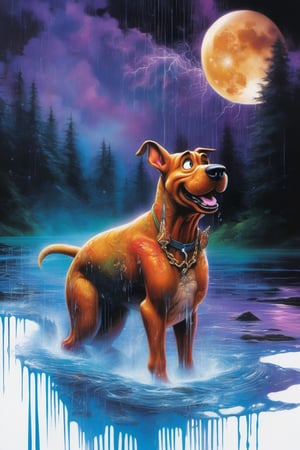  Scoobert "Scooby" Doo, Scooby-Doo, Where Are You!, extremely vibrant colours, normal skin Highly detailed, highly cinematic, close-up image of a deity of magic, perfect composition, psychedelic colours, magical flowing water, forest nature, silver fullmoon, lots of details, rain downpour hurricane thunder lightnings sparkles metallic ink, beautifully lit, a fine art painting by drew struzan and karol bak, gothic art, dark and mysterious, ilya kuvshinov, russ mills, dragonlike
