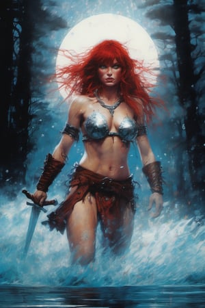 Red Sonja, xtremely vibrant colours, normal skin Highly detailed, highly cinematic, close-up image of a deity of magic, perfect composition, psychedelic colours, magical flowing water, forest nature, silver fullmoon, lots of details, rain downpour hurricane thunder lightnings sparkles metallic ink, beautifully lit, a fine art painting by drew struzan and karol bak, gothic art, dark and mysterious, ilya kuvshinov, russ mills, dragonlike
