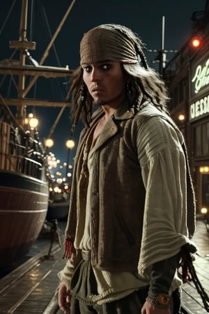 A handsome young man, Jack Sparrow, 18 years old, red bandana, wearing the black and white jacket, black sweater. action scene, in the background a into a night ship with neon lights, interactive elements, very detailed, ((Detailed face)), ((Detailed Half body)), Color Booster, Jack Sparrow