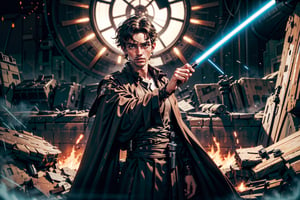 Jedi, Master, Male_Warrior, Male Knight, 18 years old, black wavy hair, light olive skin, Black Trench_Coat, black leather Clothes, Fight_Traces, 1 Boy, 1 light sabre ,SateleShan,in jedioutfit,light_saber,black dress,cloth pieces