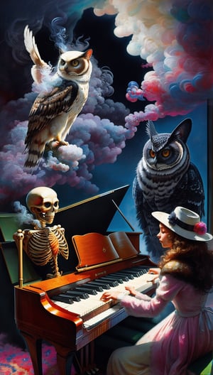 sitting skeleton playing the living room piano, in the background a flying owl, a cat, a dog, multicolored smoke, psychedelic, detailed image, highly detailed, interactive background. By Maya, impressionist, monsterdiversity