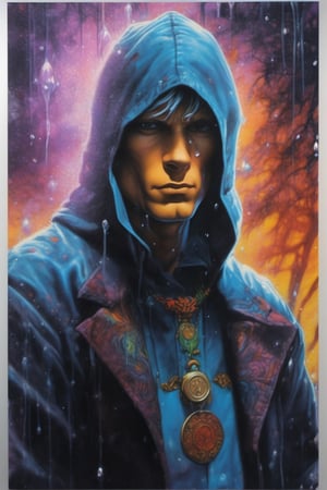 Fred Jones, Scooby-Doo, Where Are You!, extremely vibrant colours, normal skin Highly detailed, highly cinematic, close-up image of a deity of magic, perfect composition, psychedelic colours, magical flowing water, forest nature, silver fullmoon, lots of details, rain downpour hurricane thunder lightnings sparkles metallic ink, beautifully lit, a fine art painting by drew struzan and karol bak, gothic art, dark and mysterious, ilya kuvshinov, russ mills, dragonlike
