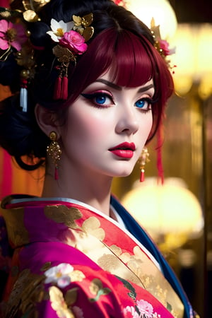 Close-up , Bailey Jay, ((red_pink_hair)), blue eyes, a stunning 32-year-old beauty model, gazing directly at the viewer. She wears an exquisite, custom-designed oiran traditional Japanese costume adorned with gorgeous red_pink_hair accessories and intricate floral embroidery patterns. The bright colors and fractal art-inspired design pop against the neutral background. Bailey Jay,1girl