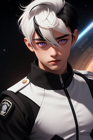 Shiro is a handsome young man of 19 years old. ((Short black hair)), ((white streak hair)) , his eyes are purple. he wears a black uniform, in the background the cideral space. Interactive, highly detailed image., Shiro, niji, Color Booster