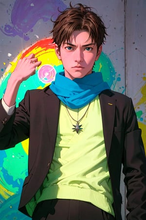 1boy, solo, Konohamaru Sarutobi, oil painting, impasto, looking at viewer, a handsome young man, 16 years old, spiky brown hair, blue eyes, athletic figure, tribal necklace, grey jacket, blue scarf, urban psychedelic outfit, psychedelic  background, masterpiece, nijistyle, niji, ,sciamano240, soft shading, Konohamaru Sarutobi