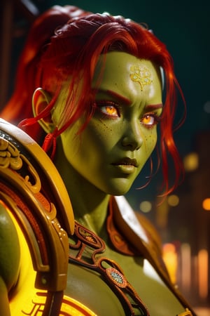 Bula Thazogh, a beautiful woman, 28 years old, green skin, red hair, yellow eyes. She wears an ornate Chinese dress. action scene, in the background a night city with neon lights, interactive elements, very detailed, ((Detailed face)), ((Detailed Half body)), Color Booster, bula,Detailedface