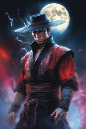 Kung Lao, Mortal Kombat, extremely vibrant colours, normal skin Highly detailed, highly cinematic, close-up image of a deity of magic, perfect composition, psychedelic colours, magical flowing mist, forest nature, silver fullmoon, lots of details, rain downpour hurricane thunder lightnings sparkles metallic ink, beautifully lit, a fine art painting by drew struzan and karol bak, gothic art, dark and mysterious, ilya kuvshinov, russ mills, dragonlike
