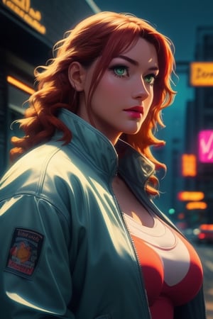 Momomi Momoi, a beautiful woman, 18 years old, long orange curly hair, green eyes, muscular body, big breasts, ripped abs, wearing the silver "Driver" jacket, green sweater, dark blue jeans, action scene, in the background a night city with neon lights, interactive elements, very detailed, ((Detailed face)), ((Detailed Half body)), silver jacket, Color Booster, momomi