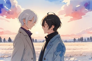 Watercolor illustration of a two male,gay male, walking in a field of  winter at sunsetAnime-style portrait of a adult two male with a gentle smile,