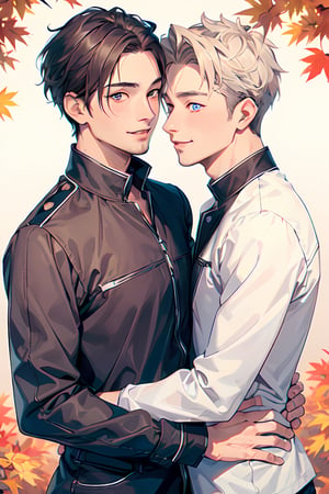 ((two male hugging,male face,male  character)),blush smile,((eye_contact)), autumn,(((best quality))), ((ultra-detailed))