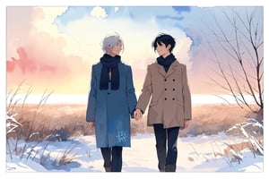 Watercolor illustration of a two male,gay male, walking in a field of  winter at sunsetAnime-style portrait of a adult two male with a gentle smile,