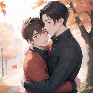 masterpiece, best quality,two male hugging,gay male couple,blush smile,autumn_leaves