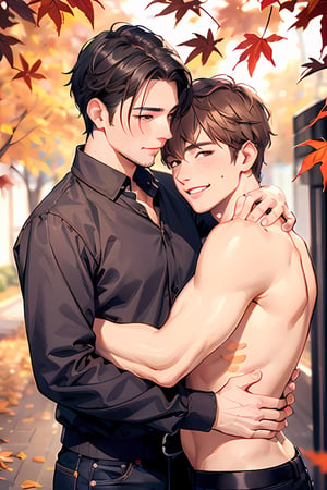 ((two male hugging,male face,male  body)),handsome guy,blush smile,((looking at another)),autumn_leaves, (((best quality))), ((ultra-detailed))