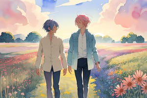 Watercolor illustration of a two male,gay male, walking in a field of wildflowers at sunsetAnime-style portrait of a adult two male with a gentle smile,