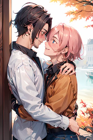 ((two male hugging,male face,male  character)),blush smile,((eye_contact)), autumn,(((best quality))), ((ultra-detailed))