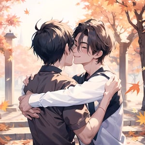 masterpiece, best quality,two male hugging,male face,male  body,handsome guy,blush smile,looking at another,autumn_leaves