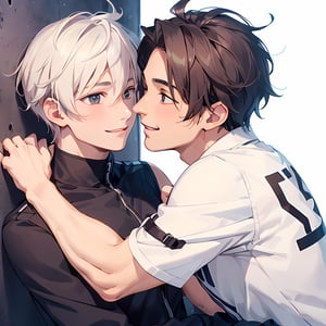 ((two male hugging,male face,male  character)),blush smile,((eye_contact)), (((best quality))), ((ultra-detailed))