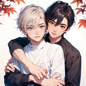 ((two male hugging,male face,male  character)),handsome guy,blush smile,((looking at another)),autumn_leaves, (((best quality))), ((ultra-detailed))
