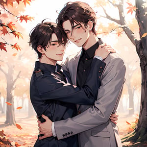 ((two male hugging,male face,male  character)),handsome guy,blush smile,((looking at other)),autumn_leaves, (((best quality))), ((ultra-detailed))