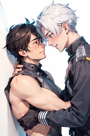 ((two male hugging,male face,male  character)),blush smile,((eye_contact)), (((best quality))), ((ultra-detailed))