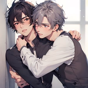 two male hugging,blush face,((handsome male)), (((best quality))), ((ultra-detailed)), ((illustration)), ((disheveled hair)),cool clothes
