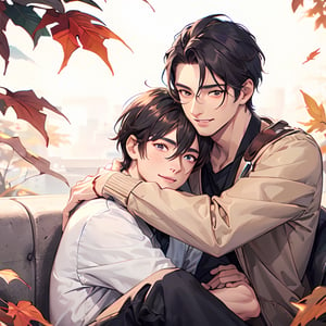 ((two male hugging,male face,male  character)),handsome guy,blush smile,((looking at another)),autumn_leaves, (((best quality))), ((ultra-detailed))