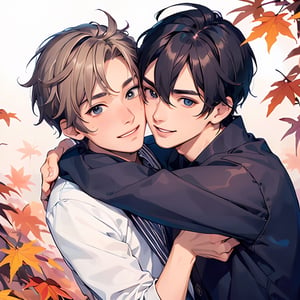 ((two male hugging,male face,male  character)),handsome guy,blush smile,((eye_contact)),autumn_leaves, (((best quality))), ((ultra-detailed))