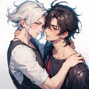 two male hugging,blush face,((handsome male)), (((best quality))), ((ultra-detailed)), ((illustration)), ((disheveled hair)),cool clothes
