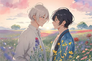 Watercolor illustration of a two male,gay male, walking in a field of wildflowers at sunsetAnime-style portrait of a adult two male with a gentle smile,