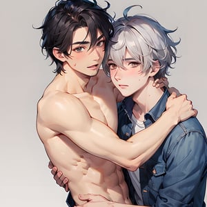 two male hugging,blush face,((male  body)), (((best quality))), ((ultra-detailed)), ((illustration)), ((disheveled hair)),cool clothes