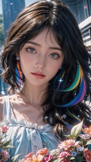 close up portrait of young woman with vibrantblowing hair and mesmerizing eyes, wearing a flowing dress made of petals, in a serene garden filled with blooming flowers, a representation of beauty and grace, charming, cute, beautiful, ultra detailed, dream like shot, 8k, sunset,((holographic))), (((rainbowish))), expressive, cinematic, dynamic pose,midjourney