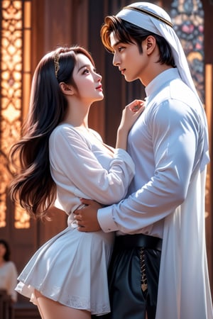 nsfw, pussy, breasts_exposed,best quality, cinematic film story, (masterpiece), RTX, 8k, HDR, innocent 20 years old kpop idol jisoo wearing hijab and short skirts lifted to show her pussy, handsome korean movie star jungkook, art, realistic art, digital illustration,
the girl is staring into the eyes of the guy deeply in love while the guy is staring at her breasts. embraces each other.
romantic atmosphere of the picture. Drawing technique with pastel crayons, sf, intricate artwork masterpiecel, trending on cgsociety, intricate, trending on artstation, highly detailed, vibrant, production cinematic character render, ultra high quality model, sharp focus,, intricate details. Love bites, love bleeds. young, attractive, 