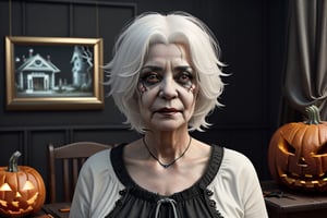 Realistic, old women with white hair,  old house and halloween objects in the background in 3D with very vivid colors and high saturation, fantasy,day,Leonardo,hackedtech
