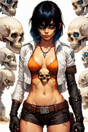 A lone figure stands amidst the arid landscape, standing next to a small adobe casita, bathed in warm desert sunlight. A day of the dead cowboy with vibrant blue hair, glowing blue eyes, and a bold skull tattoo adorns his left cheekbone wears a sleek blue jacket adorned with metal hardware on the shoulders and a black belt around his waist. His gloved hands grasp the edges of his matching pants, which are tucked into combat boots. A fedora hat sits atop his head at an angle, framing his determined gaze as he surveys the cacti-filled terrain ahead.