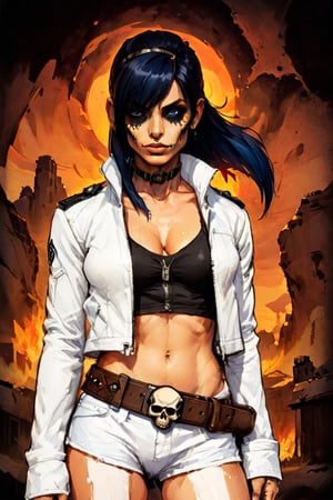 A lone figure stands amidst the arid landscape, standing next to a small adobe casita, bathed in warm desert sunlight. A day of the dead cowboy with vibrant blue hair, glowing blue eyes, and a bold skull tattoo adorns his left cheekbone wears a sleek blue jacket adorned with metal hardware on the shoulders and a black belt around his waist. His gloved hands grasp the edges of his matching pants, which are tucked into combat boots. A fedora hat sits atop his head at an angle, framing his determined gaze as he surveys the cacti-filled terrain ahead.