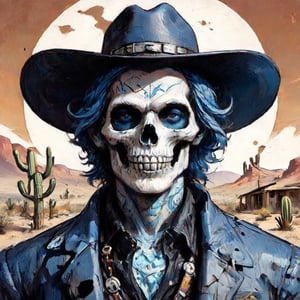 A lone figure stands amidst the arid landscape, standing next to a small adobe casita, bathed in warm desert sunlight. A day of the dead cowboy with vibrant blue hair and a bold skull tattoo adorns his left cheekbone wears a sleek blue jacket adorned with metal hardware on the shoulders and a black belt around his waist. His gloved hands grasp the edges of his matching pants, which are tucked into combat boots. A fedora hat sits atop his head at an angle, framing his determined gaze as he surveys the cacti-filled terrain ahead.