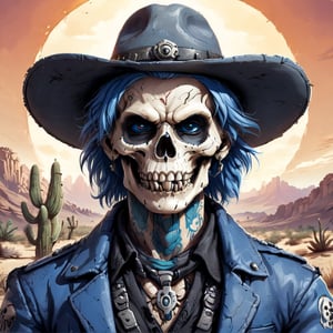 A lone figure stands amidst the arid landscape, standing next to a small adobe casita, bathed in warm desert sunlight. A day of the dead cowboy with vibrant blue hair and a bold skull tattoo adorns his left cheekbone wears a sleek blue jacket adorned with metal hardware on the shoulders and a black belt around his waist. His gloved hands grasp the edges of his matching pants, which are tucked into combat boots. A fedora hat sits atop his head at an angle, framing his determined gaze as he surveys the cacti-filled terrain ahead.