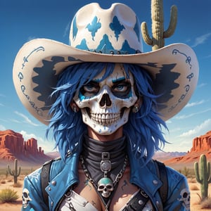 A lone figure stands amidst the arid landscape, standing next to a small adobe casita, bathed in warm desert sunlight. A day of the dead cowboy with vibrant blue hair and a bold skull tattoo adorns his left cheekbone wears a sleek blue jacket adorned with metal hardware on the shoulders and a black belt around his waist. His gloved hands grasp the edges of his matching pants, which are tucked into combat boots. A fedora hat sits atop his head at an angle, framing his determined gaze as he surveys the cacti-filled terrain ahead.