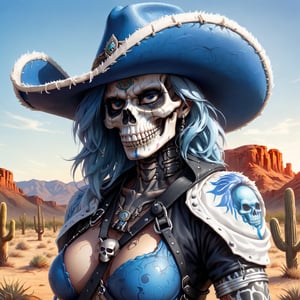 A lone figure stands amidst the arid landscape, standing next to a small adobe casita, bathed in warm desert sunlight. A day of the dead cowboy with vibrant blue hair and a bold skull tattoo adorns his left cheekbone wears a sleek blue jacket adorned with metal hardware on the shoulders and a black belt around his waist. His gloved hands grasp the edges of his matching pants, which are tucked into combat boots. A fedora hat sits atop his head at an angle, framing his determined gaze as he surveys the cacti-filled terrain ahead.